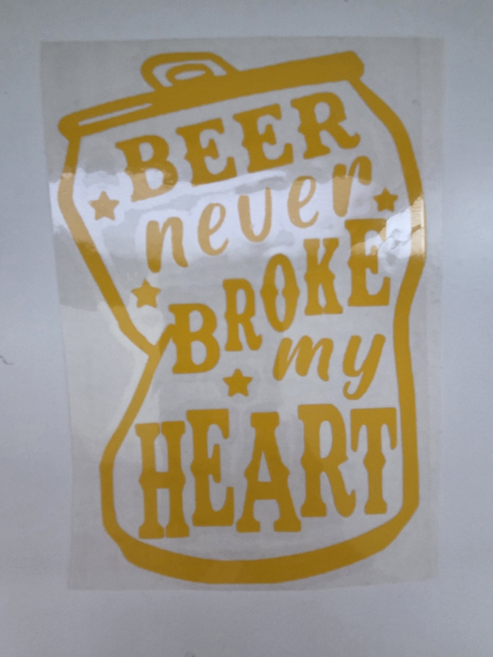 Yellow 'Beer Never Broke My Heart' Decorative Decal